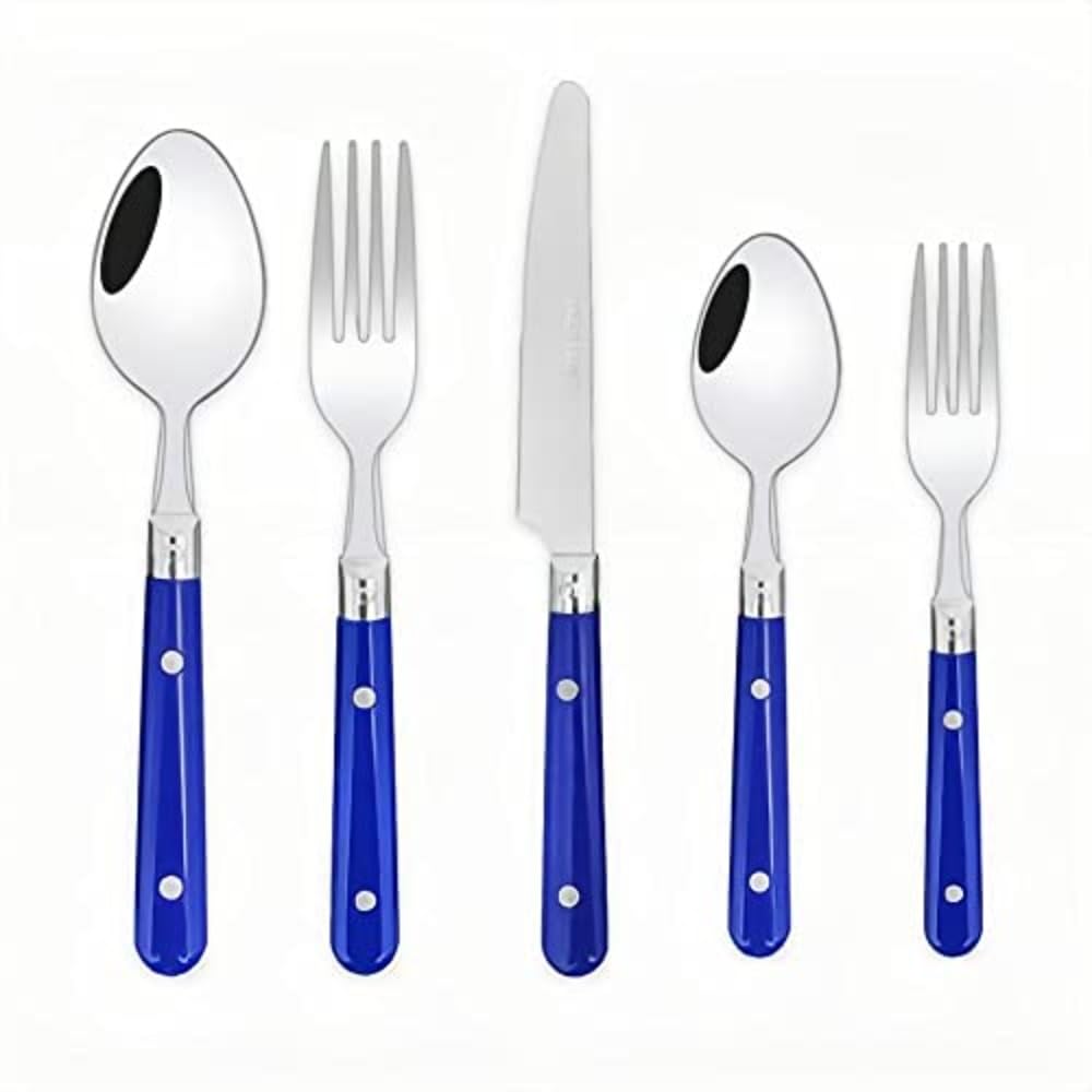 Two Nail Clamp Handles Kitchen Stainless Steel Silverware Tableware Flatware Cutlery Set Steak Knife Fork Spoon Teaspoon (Blue,5 pieces)