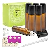 6, 10ml Amber Glass Roller Bottles With Stainless Steel Roller Ball for Essential Oil by Mavogel - Include 3 Extra Roller Ball, 12 Pieces Labels, Essential Oils Opener, Dropper