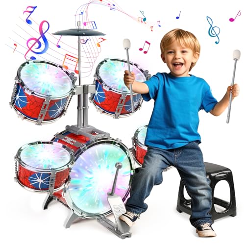 Kids Drum Set for Toddlers 1-3 with Lights & Pedal, Spider Toys Drum Set for Kids 2-5, Musical Instruments Toys for Toddler Boys Girls Aged 2-4 3-5 5-7 4-6 Christmas Birthday Gifts(All Plastic)