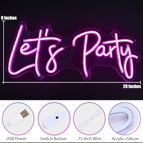Image of Let's Party Neon Signs, Neon Light Sign for Wall Decor 20 x 9Inches Large LED Neon Sign Art Decorative Lights for Wedding Party Home Bar Store Festival, Pink