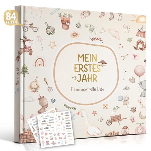 Hyggartn Mein Erstes Jahr Babyalbum mit 129 Stickern Personalisierte Geschenke Baby Geschenk Geburt Junge & Mädchen Fotoalbum Baby Erinnerung Babytagebuch 21x21 cm (Niedliche Motive mit Aufklebern)