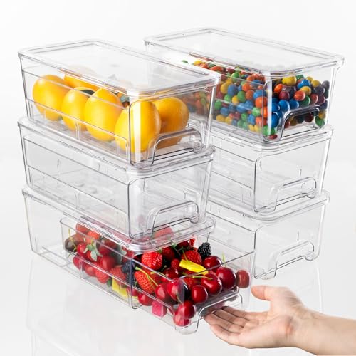 Paquete de 6 contenedores de almacenamiento extraíbles versátiles, apilables, transparentes, de 6 cuartos de galón, para el hogar, baño, cocina, armario, despensa, nevera, armario, organización