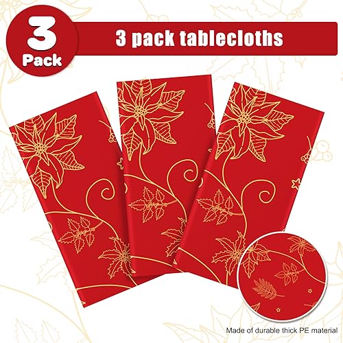 3 Pcs Red Christmas Tablecloths 54 x 108 Inch Gold Flower Poinsettia Bronzing Table Covers Disposable Christmas Rectangle Table Cloth for Xmas Holiday Kitchen Dining Table Decor – Image 5