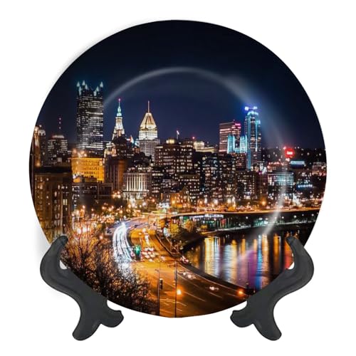 Decorative Plates for Display Pittsburgh Moonlight Gift Plates Ceramic Collections Plates Hanging Artwork for Living Dining Room Kitchen Souvenir