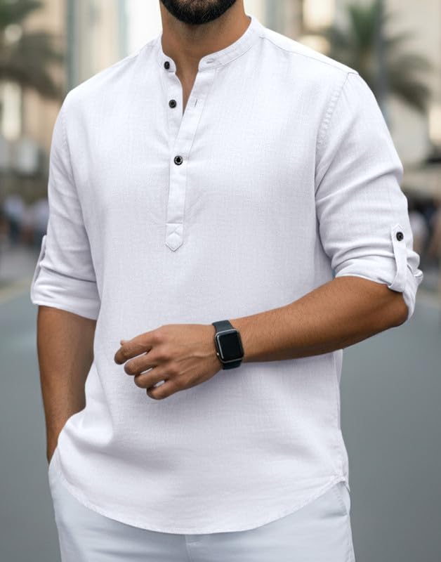 Image of Men Cotton Blend Mandarin Collar Casual Kurta Shirt | Roll-Up Sleeves | Regular Fit Ethnic Short Kurta for Daily