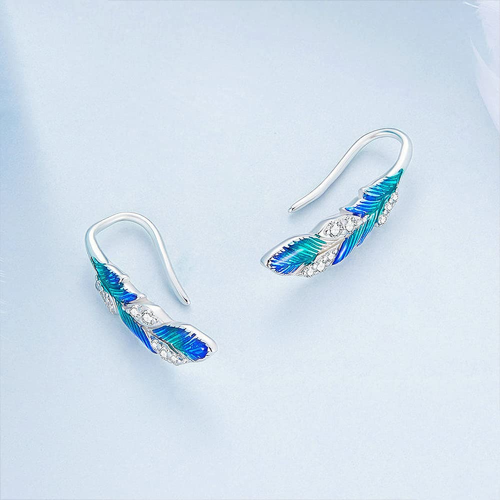 Juego de joyas de plata de ley 925 con diseño de plumas bohemias, esmalte azul, anillo de plumas y aretes de plumas para mujer