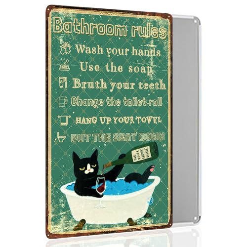 Vintage Black Cat Bathroom Rules Sign, Funny Retro Black Cats