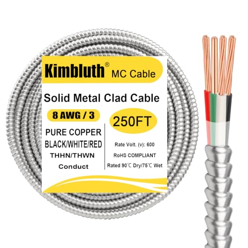 Image of 8 /3 Metal Clad (MC) Cable with Ground 250ft, 8 Gauge Electric Wire with Aluminum Armor, Solid Bare Copper Conductors for Indoor Outdoor Underground Embedded Installation (8 /3, 250 FT)