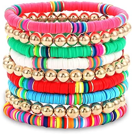 FAERLIIRY Preppy Beaded Bracelets Heishi Stretch Bracelet for Woman Girls Teens Evil Eye Polymer Clay Stackable Charm Y2K Summer Bracelets Surfer Beach Bracelets Preppy Jewelry (9PCS)