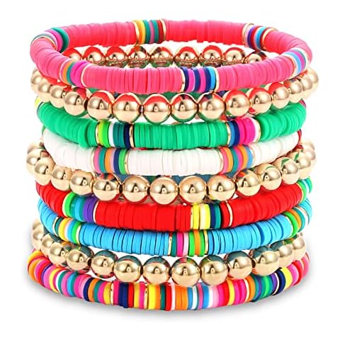 FAERLIIRY Preppy Beaded Bracelets Heishi Stretch Bracelets for Women Cinco de Mayo Bracelets Polymer Clay Stackable Charm Summer Bracelets Sufer Beach Bracelets Preepy Jewelry(9PCS) Cover