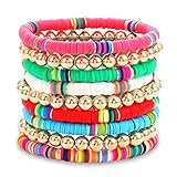 FAERLIIRY Preppy Beaded Bracelets Heishi Stretch Bracelet for Woman Girls Teens Evil Eye Polymer Cla