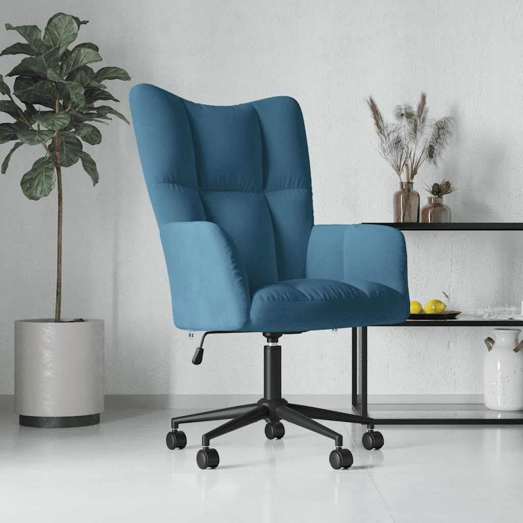 Sillón de relax de terciopelo azul, altura ajustable, 61,5 x 69 x 94,5 – 102 cm, sillón giratorio con ruedas para salón, dormitorio, oficina, diseño moderno, cómodo y robusto