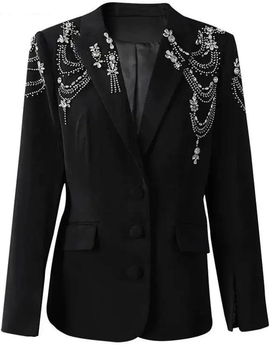 Women Rhinestones Nailed Big Size Elegant Blazer Lapel Long Sleeve Jacket
