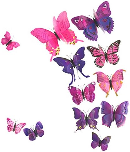 AKOAK 24 Pcs 3D Butterfly Wall Stickers, Double-Layer Wing Butterfly Art Decor Decals with Magnet and Double-Sided Adhesive for Room Home Nursery Decor,Pink/Purple image 4