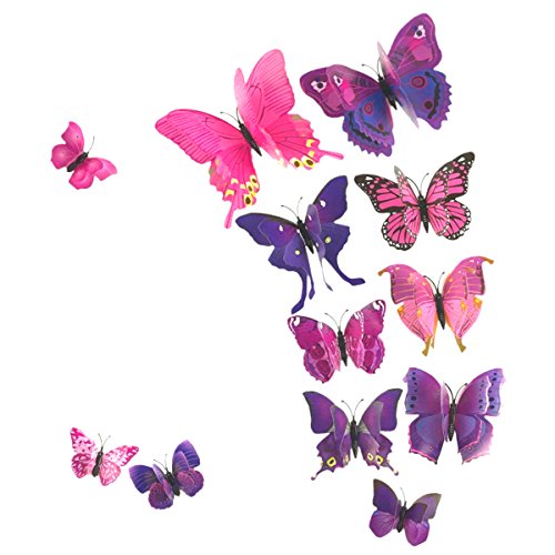AKOAK 24 Pcs 3D Butterfly Wall Stickers, Double-Layer Wing Butterfly Art Decor Decals with Magnet and Double-Sided Adhesive for Room Home Nursery Decor,Pink/Purple