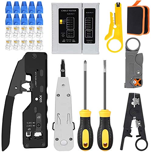 MAYLINE - Juego de herramientas de red, herramienta de reparación de cables cortador de pelado, crimpadora coaxial, perforadora RJ11 RJ45 Cat5 Cat6 pelacables detector de datos