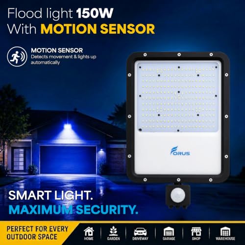 Image of Forus 150W LED Flood Light Blue with Motion Sensor Auto On Off Day Night Mode Waterproof Outdoor Security Light for Garden Parking Garage Factory Warehouse Shop High Bright Floodlight 4Yr Warranty-1Pc