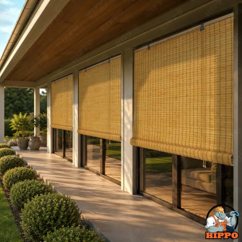 Image of HIPPO Bamboo Curtains - W-3FTXH-7FT Rope Mechanism Roll Up Down Indoor Bamboo Shade for Sun & Dust Protection for Home Window, Balcony, Restaurant, Hotel, Resort (Caramel)