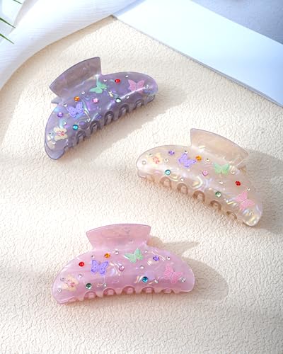 Mesovor 3 Pack Bow Printed Hair Claw Clips Non-slip 3.74 Medium Hair Grip Clawclips with Colored Zircon | Acrylic Strong Hold Jaw Banana Clips (Pink Gray Skin Color)