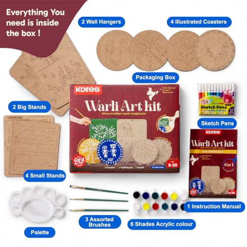 Image of Kores Warli Art Kit for Kids | DIY Indian Folk Art Painting Kit | 4 Illustrated Coasters + 2 Wall Hangers + Stands | Acrylic Colours, Sketch Pens, Brushes & Manual | Creative Art & Craft Kit for Age 8-99