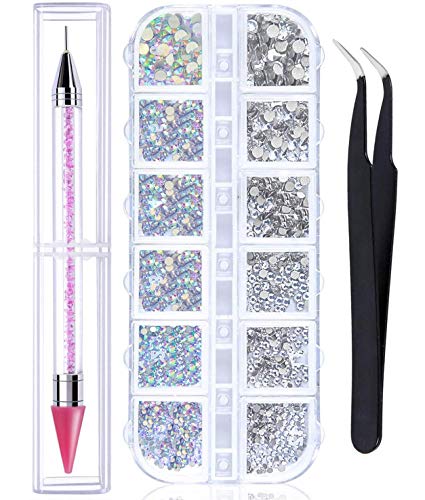 Flat Back AB Crystal Nail Art Rhinestones and Clear Crystal Rhinestones with Pick Up Tweezer and Rhinestone Picker Dotting Pen, Professional Nail Art Gems for Nail Salon (1500 PCS, 6 Sizes) (Pink)