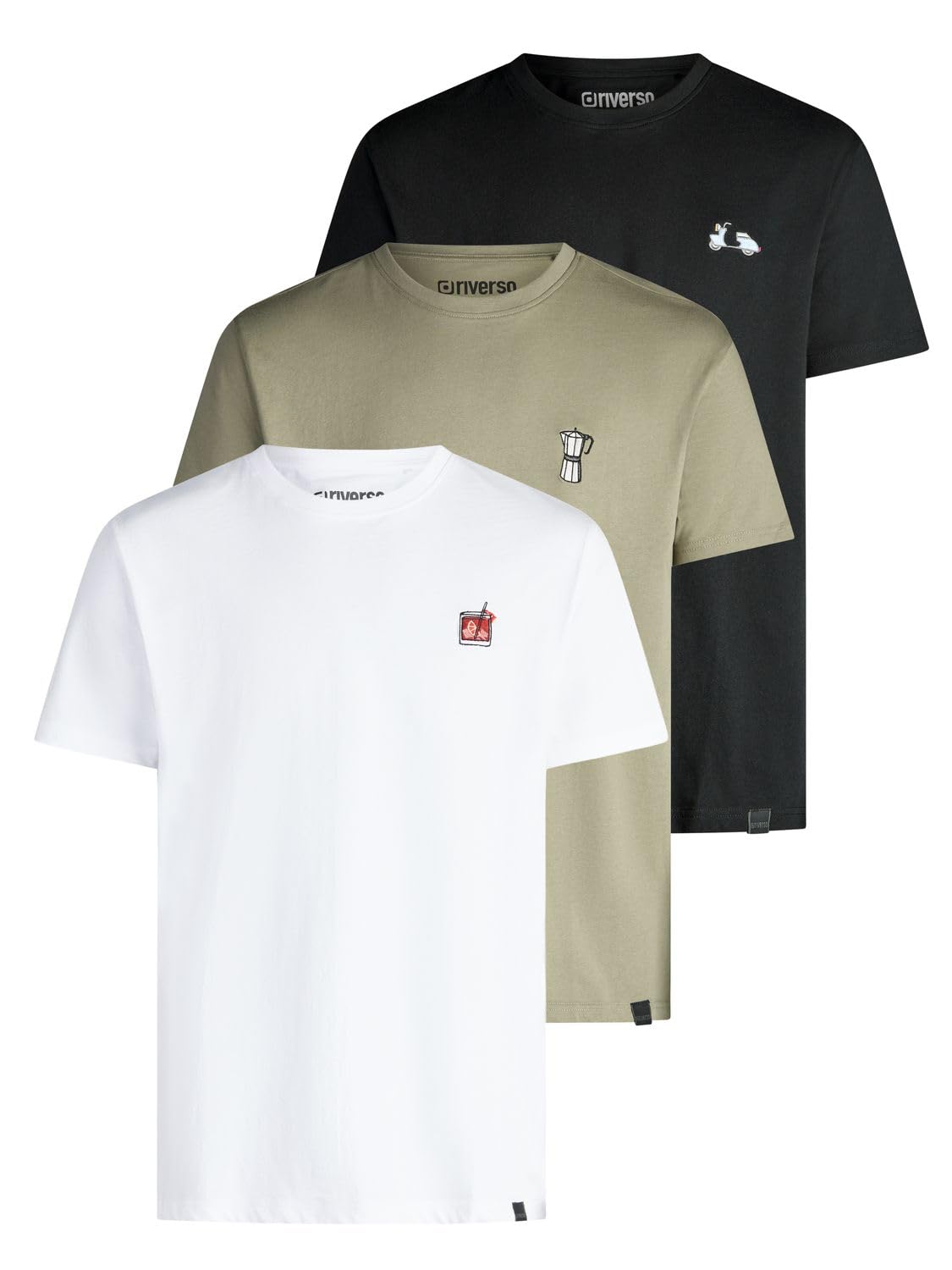 riverso Tshirt Herren Regular Fit RIVJay 3er Set Pack Besticktes T-Shirt Rundhals Kurzarm Sommer Tee Shirt Stick Schwarz Grau Weiß Grün S M L XL XXL 3XL 4XL 5XL