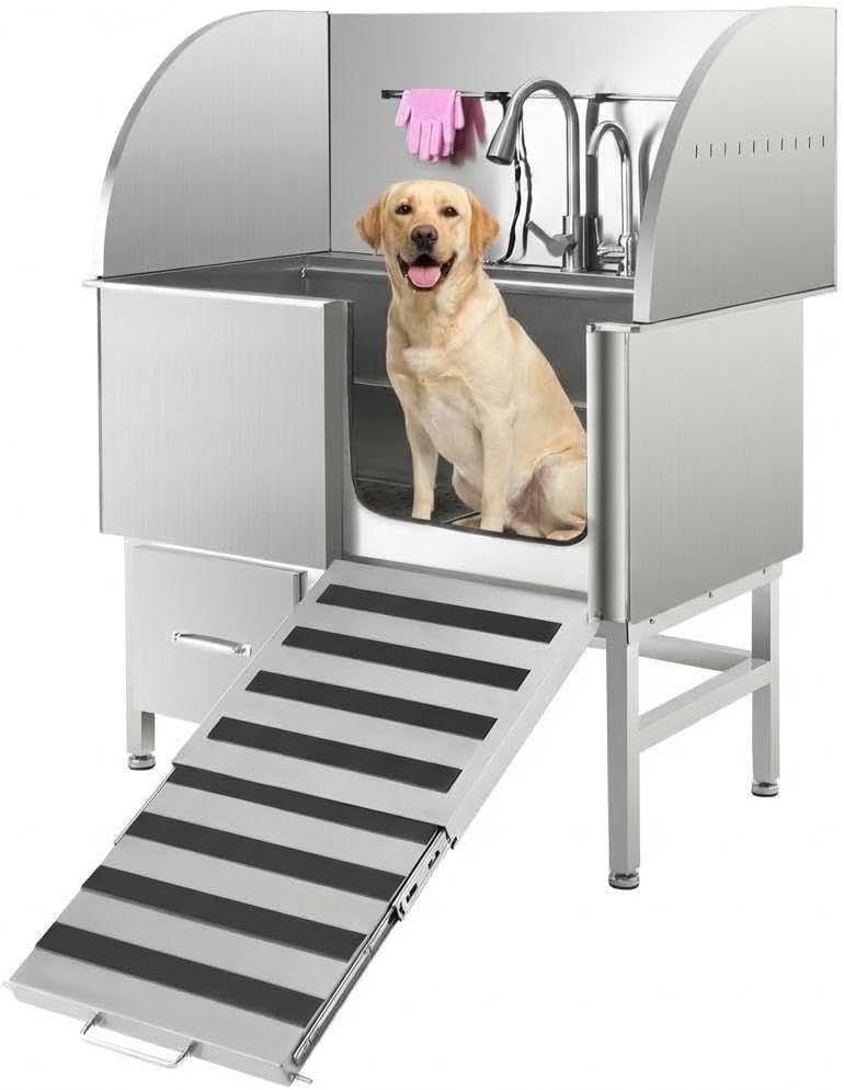 Professional Stainless Steel Dog Grooming Tub, Collapsible Ramp, Storage Drawer, Pull-Out Faucet, Floor Grate, Dog Washing Station for Large, Medium, Small Pets, Right Door, 60inch