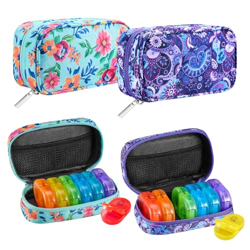 Image of Serfeymi Weekly Travel Pill Organizer 2 Times A Day AM PM Rainbow Pill Box 7 Day with Zipper Canvas Pill Case, Medicine Organizer for Pills, Vitamins, Fish Oils - Green 01+ Purple 01