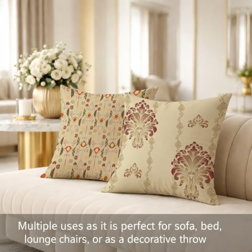 Image of STITCHNEST Set of 2 Royal Damask & Ikat Collection Printed Jute Cushion Covers 16x16 Inches | Ethnic Decorative Throw Pillow Covers for Sofa, Living Room & Bedroom | Premium Home Decor