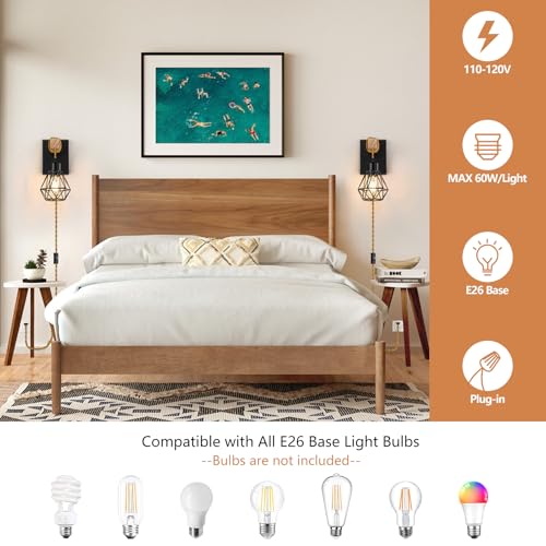 Image of Lomoky Farmhouse Wood Wall Sconces with Plug in Cord, Black Wall Sconces Set of Two, Wall Lamps that Plug into Wall Outlet, Vintage Sconce Lighting Wall Decor for Bedroom Living Room, with 5.58FT Cord