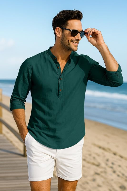 Image of Macsivo Men's Cotton Blend Solid Short Kurta with Mandarin Collared Full Sleeve Drawstring Stylish Straight Length | Kurta for Men Stylish
