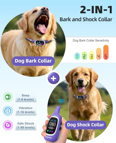2-in-1 Dog Shock Collar and Bark Collar for Dogs – 3300FT Dog Training Collar with Remote, IP67 Waterproof e Collar with Anti-Bark/Beep/Vibration/Shock Modes for Small Medium Large Dog(8-120Lbs) - Image 3