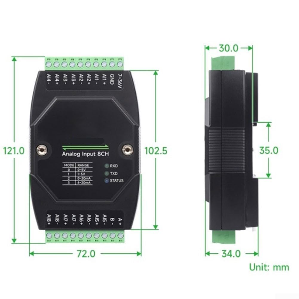 Scheda di acquisizione dati analogica industriale 8CH per modbus per rtu Protocollo RS485 Interfaccia DIN montato su guida DC 7V a 36V Alimentazione (A)