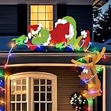 Christmas Fence Decorations Outdoor - 2pcs Green Gnome Stealing Lights Christmas Yard Decorations with LED String Lights for Tree Fence Yard Garden Lawn Christmas Outdoor Light Decor