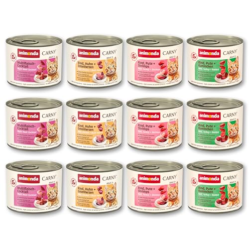 animonda Carny Adult Kräftige Variation (12 x 200 g), Katzennassfutter für ausgewachsene Katzen, Nassfutter mit 100 % frischen, fleischlichen Zutaten, Katzenfutter ohne Getreide und Zucker
