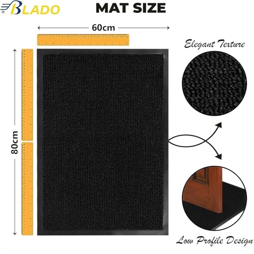 Image of BLADO Washable Door Mats - Non-Slippery Heavy Duty Doormats - Stylish & Large Rubber Door Mat - Perfect Dust Grabbing Outdoor & Indoor (Black, 60cm x 80cm)