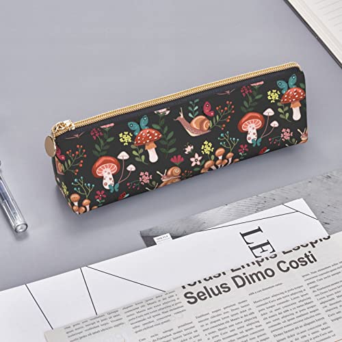 Image of Mushroom Snails Butterfly Flower Pattern Leather Pencil Case Zipper Pen Makeup Cosmetic Holder Pouch Stationery Bag for School, Work, Office