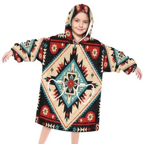Kids Blanket Hoodie Ethnic Zigzag Wearable Blanket Hoodie Oversized Hooded Blanket, Sweatshirt Blanket with Pockets Soft Warm Kids Hooded Blanket for Girls, Boys