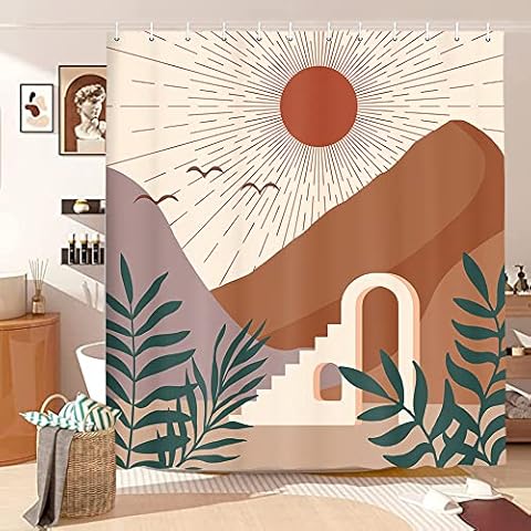Mid Century Boho Abstract Shower Curtain for Bathroom, Minimalist Aesthetic Mountain Arch Sun Sunset Leaf Leaves Shower Curtain Retro Farmhouse Fabric Curtain 12Pcs Hooks Beige Terracotta 70X70IN Cover