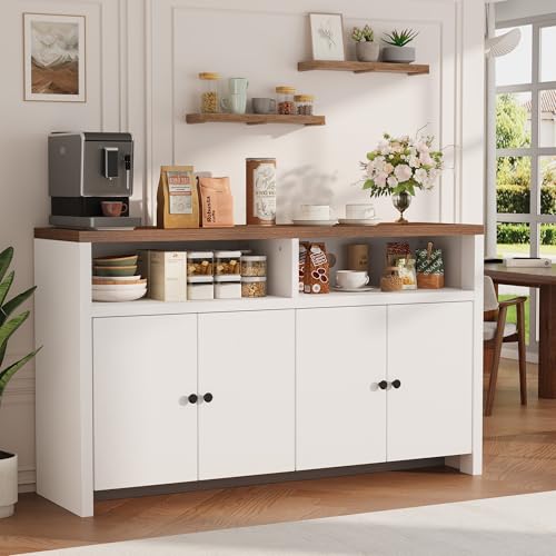 Garvee Buffet Sideboard with Storage, 4 Doors & Adjustable Shelves, 55'' Large Farmhouse Kitchen Storage Cabinet Wood Coffee Bar Cabinet for Kitchen,