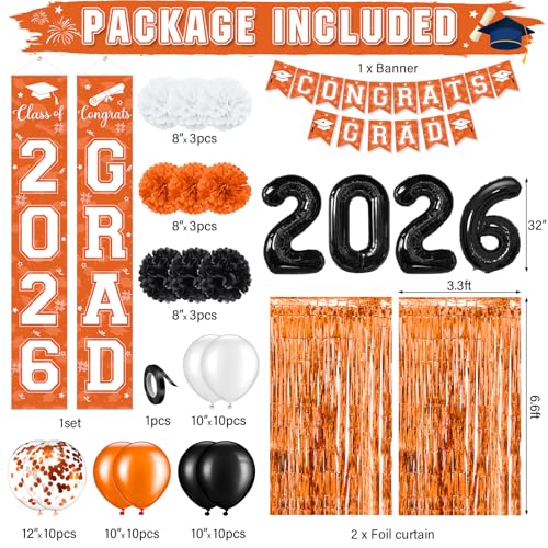 Image of Graduation Party Decorations Class of 2026, Graduation Decorations with Congrats Grad Banner Fringe Foil Curtain Paper Flower Ball Balloons for High School College Graduation Party Supplies, Orange