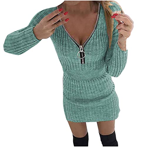 Rioge Pulloverkleid Damen V Ausschnitt ReißVerschluss Strickkleid Elegant Slim Fit Sexy Minikleid Damen Kurz Freizeit Herbst Winter Blusenkleid...