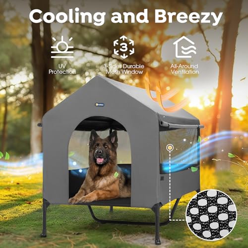 Veehoo 47" Dog House, 2-in-1 X-Large Dog House Outdoor Indoor Weatherproof, Outside Elevated Dog Cot Bed Dog Tent Shade, Three-Sided Breathable Mesh Windows and Sunshades, CWC2435CP - Image 3