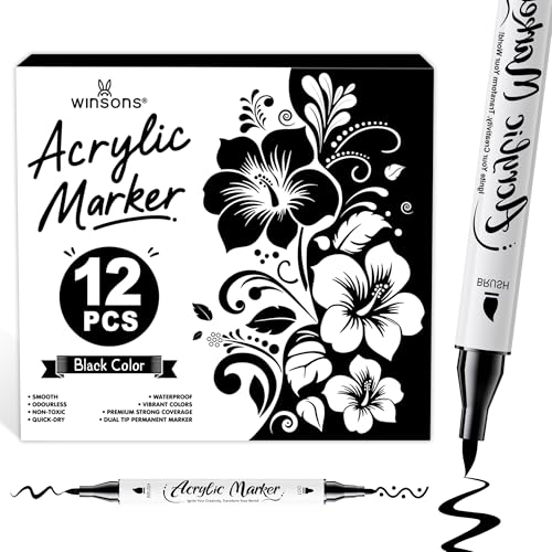 WINSONS Lot De 12 Marqueurs Acryliques Noirs, Stylos De Peinture, Stylos Acryliques, Imperméables, Non Toxiques, Inodores, Pointes Fines Et Pinceaux Pour...