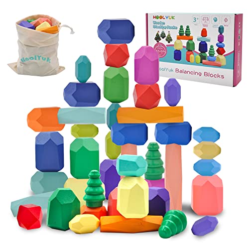 Image of 42Pcs Wooden Stacking Rocks Toddler Toy, Montessori Toys Building Blocks for Toddler, Learning Resource Preschool Balancing Stones for Kids 3-5, Birthday Party Gift Boys Girls