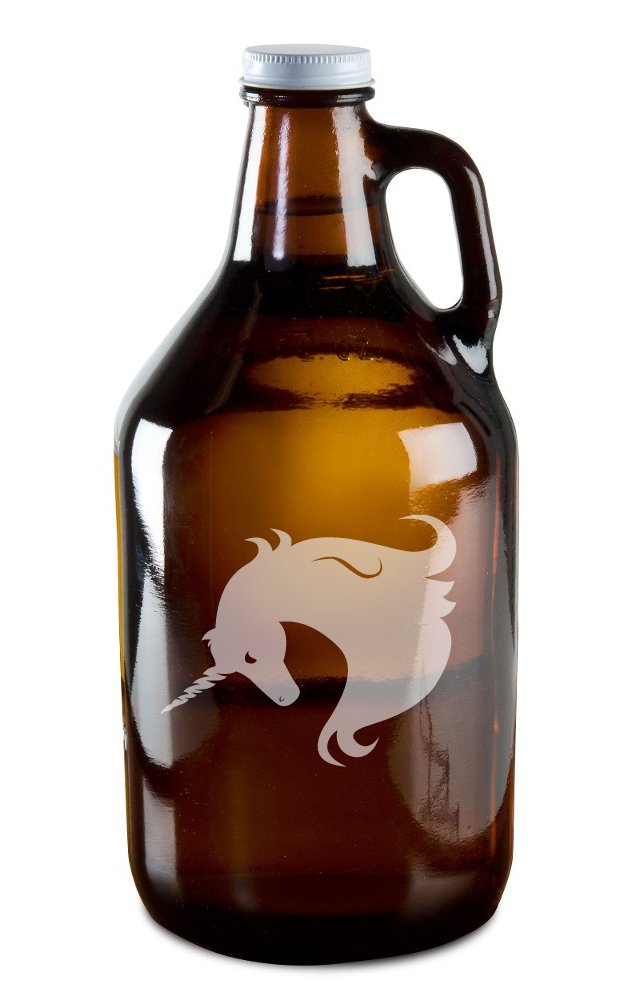 Stylized Unicorn Hand-Made Etched Glass Beer Growler 64 oz