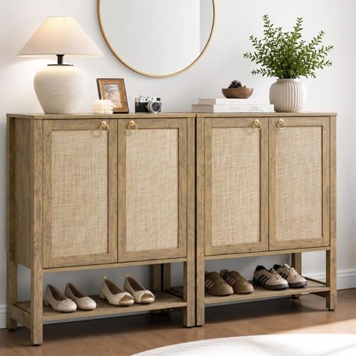 Image of SICOTAS Shoe Storage Cabinet for Entryway - 5 Tier Rattan Entry Shoe Organizer Cabinet with Shelves & Doors, 2 Pieces Farmhouse Boho Shoe Rack for Hallway, Living Room, Closet (Carbon Cherry)