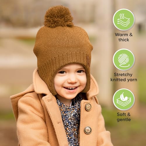 Image of Baby Beanie Winter Hat 6-36 Months - Cute Pom Winter Baby Hats with Earflaps, Soft & Stretchy Knit Toddler Beanies for Infant, Newborn 6-36 Months Boys, Girls, Cozy, Warm Fall Essentials (Latte, M)