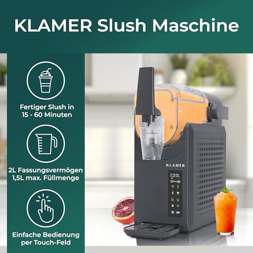 KLAMER Slush Machine with 5 Preset Programmes: Slushie, Cocktail, Milkshake, Frappé, Wine, Automatic Cleaning, 2L Capacity, Turbo Freeze, No Ice Required