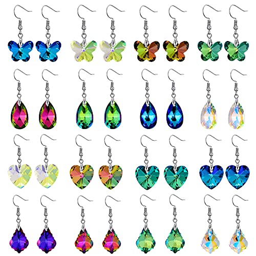 16 Pairs Multi-color Small Dangle Earrings for Women - Crystal Earrings Set for Women and Girls with Butterfly Shape,Heart Shape,Teardrop Shape (#1-heart /butterfly/teardrop shape)